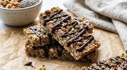 Homemade Granola Bars with Chocolate Drizzle and Mixed Seeds