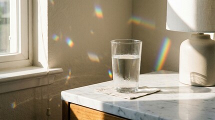 Glass of Fresh Water with Rainbow Prism Light Flares
