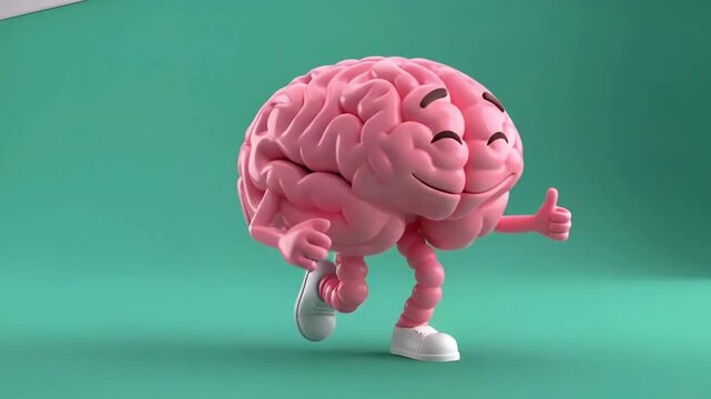 Funny pink brain character walking and showing thumbs up gesture on green screen background
