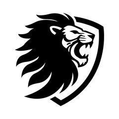 Strong Lion Head Shield Logo Design - Black and White Roaring Lion Mascot Vector for Sports, Security, and Corporate Branding