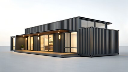 Fototapeta premium Modern 3d render of a blue industrial steel warehouse and commercial architecture structure featuring metal garage doors under a clear sky