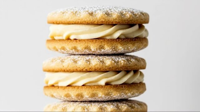 Delicious stack of creamfilled cookies with icing sugar topping