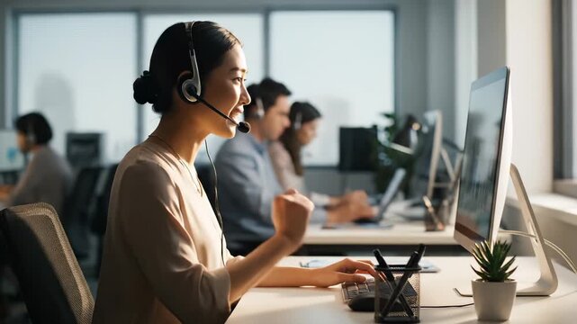 Woman operator works in call center with headset typing on computer. Customer service agent helps clients. Operator woman at desk in office. Call center team provides customer support service.