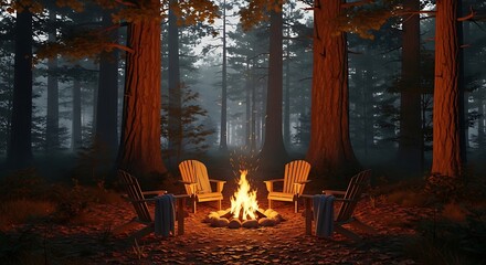 Wooden chairs encircle a bright campfire within a dense, misty forest setting