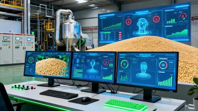 Brightly lit soybean process control room featuring AIdriven dashboards with predictive alerts and realtime data for optimizing production efficiency and sustainability.