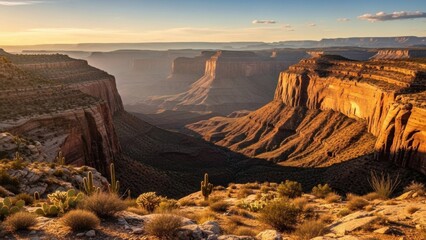 Sunlit canyon walls glowing in late afternoon light with deep shadowed valley, distant plateaus and desert plants along the rocky rim

