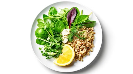 Healthy meal plate with fresh green spinach, mixed salad leaves, cooked quinoa, lemon wedge, and dollop of creamy sauce garnished with dill, perfect for clean eating lifestyle