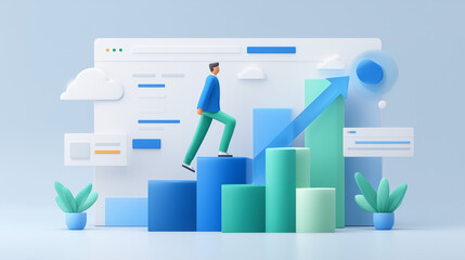 3d isometric business growth landing page hero asset, minimalist professional dashboard with rising bar chart and character, concept of financial success and data analysis
