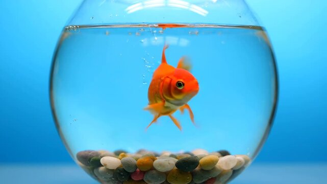 Goldfish swimming in clear glass bowl with pebbles on blue background. Minimal aquatic scene shows calmness, balance and simple pet lifestyle with clean water and light reflections.