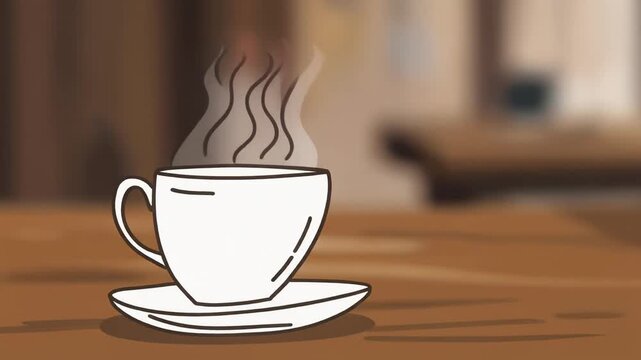 Animated Coffee Cup on a Wooden Table with Steaming Hot Beverage Drawing