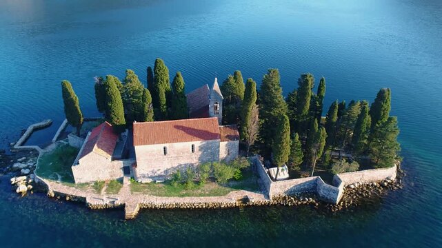 Island monastery in Bay of Kotor aerial panorama