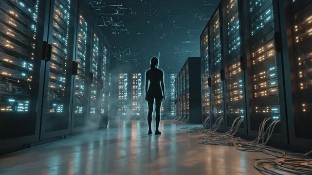 Solitary figure standing between towering data servers in a dim data center corridor