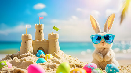A bunny wearing glasses poses on a tropical beach next to a sand castle and Easter eggs, against the backdrop of the ocean and bright blue sky of a sunny day