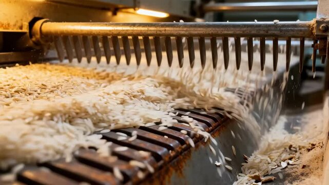 Close medium shot capturing a vibrating rice grader in action showcasing rhythmic vibrations that classify rice by size and broken pieces for quality control.