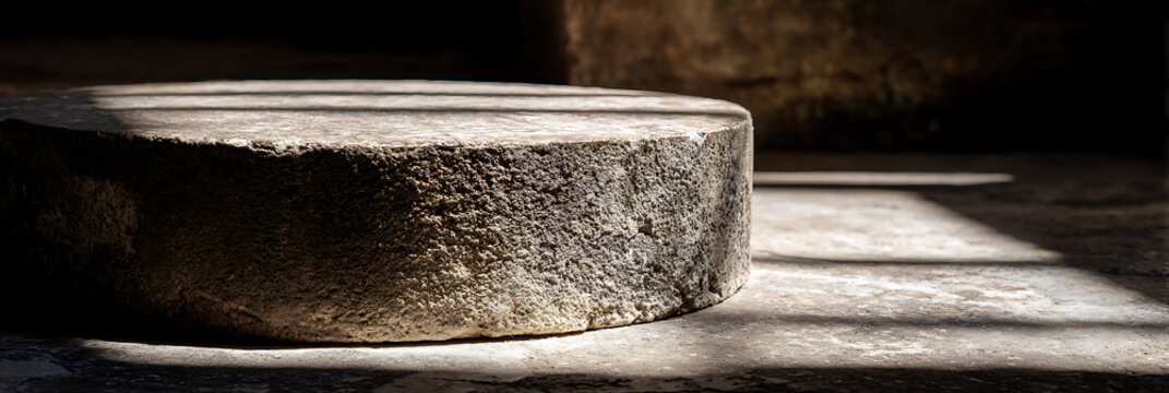 Dramatic sunlight filters into an ancient stone chamber, illuminating a massive weathered millstone while casting deep rhythmic shadows across the rustic interior floor.