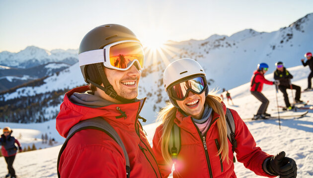 Couple smiling in ski gear on snowy mountain, winter adventure