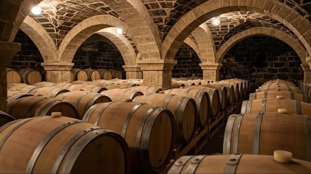 Majestic wine cellar journey: rows of oak barrels under stone arches at ambient light