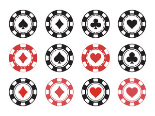 Poker chips black icons vector set. Isolated Casino poker chip logo. Poker symbols with spades, hearts, diamonds, clubs. Playing poker concept. Vector illustration.