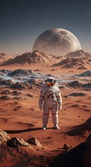 Astronaut stands on a reddish extraterrestrial surface beneath a massive celestial body