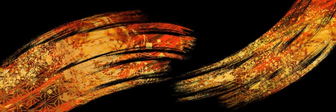 金色で波紋をブラシストロークを描いたお正月背景風横長黒背景
