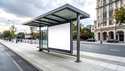 City Street Scene with Modern Bus Stop Shelter on a Cloudy Day