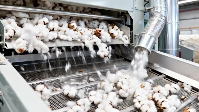 Closeup medium view of cottonseed hull separation with mechanical sifters and air aspiration highlighting the movement of seeds and husks in a modern facility.