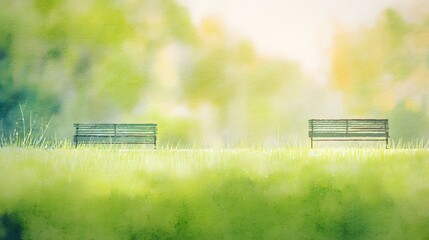 Serene park scene watercolor illustration captures tranquil relaxation with empty benches bathed in soft sunlight