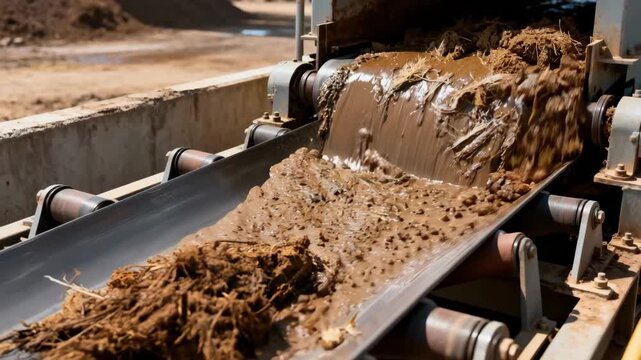Dynamic view of outdoor conveyor belts moving wet fiber and press cake under natural light emphasizing smooth transfer to feed loading zones.