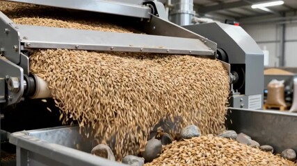 Detailed medium shot of a destoner unit removing heavy stones and particles from barley emphasizing the meticulous quality control in grain preparation before packaging.