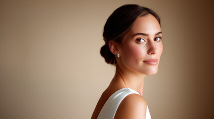 Bride elegant white dress portrait beige background. Woman wearing wedding gown pearl earring makeup hairstyle. Bridal beauty fashion preparation ceremony studio professional styling elegant look.