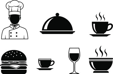 Restaurant food and drink icons set, chef, burger, coffee, wine silhouettes, hospitality dining concept isolated on white background vector illustration