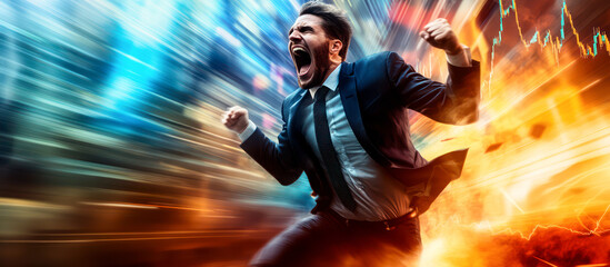 Man in business suit, a trader, runs and yells. Symbol of stress and dynamic nature of Forex markets