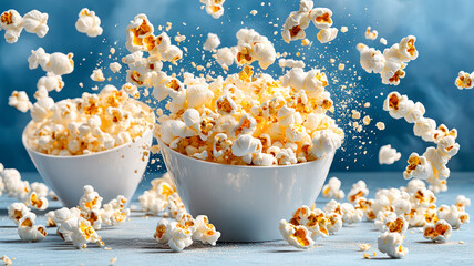Popcorn flying out of three white ceramic bowls