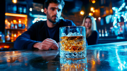 Man with sullen face is drinking at bar counter. His displeased wife is watching him. Martial quarrel