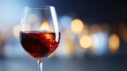 Elegant glass of red wine sparkling in soft light, perfect for celebrations or a cozy evening, capturing a moment of indulgence.