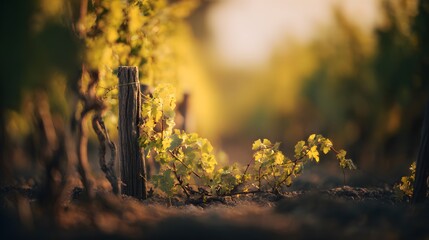 Obraz premium Rustic vineyard landscape bathed in warm golden light evokes serene countryside charm and timeless rural beauty