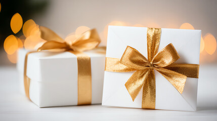 Elegant white gifts with golden ribbons ready for celebration. Perfect for holidays, birthdays, and festive occasions.