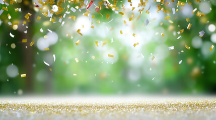 Festive confetti cascading softly amidst a lush green backdrop, creating a vibrant and joyful atmosphere perfect for celebrations.