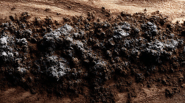 Dark clumpy fertile earth spread over a warm wood background, highlighting the organic texture and granular details with sophisticated high-contrast lighting.