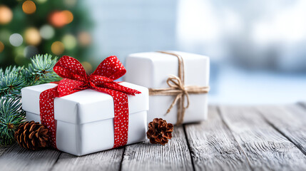 Festive gift boxes adorned with ribbons and pinecones create a warm, holiday atmosphere on a rustic wooden table.