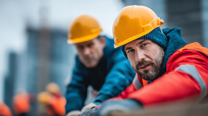 Focused construction workers wearing safety helmets engage in teamwork on a building site, showcasing dedication and hard work.