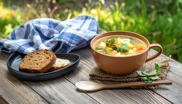 心温まるスープとパンの食卓コレクション：屋外の明るいテラスで楽しむ具沢山の野菜コンソメスープとライ麦パンのランチ