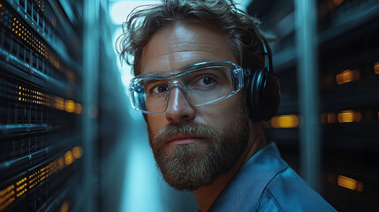 Focused technician working in a data center, wearing safety glasses and headphones, surrounded by servers and technology equipment.