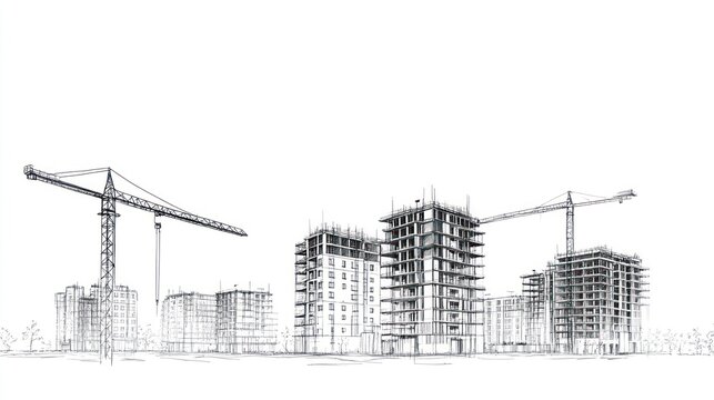 Architectural blueprint of construction site with cranes