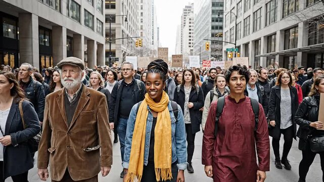 Diverse crowd of people marching during a large scale public demonstration on a wide city street
