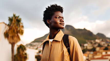 Young woman with backpack enjoying scenic mountain landscape view during outdoor travel adventure. Tourism lifestyle concept showing happy traveler exploring nature, peaceful vacation destination.