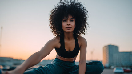 Woman doing outdoor fitness workout during sunset. Athletic female training outside, wearing sportswear. Exercise, wellness lifestyle showing strength, motivation, stress relief, healthy active living