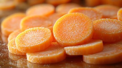 Freshly sliced orange carrots ready for cooking or garnish, showcasing their vibrant color and healthy appeal in the kitchen.
