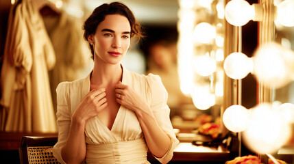 Actress inside dressing room preparing before theater performance near vanity mirror lights. Elegant woman wearing beige costume backstage, theatrical preparation, behind scene glamorous moment.