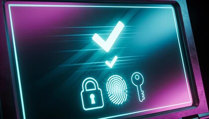 Digital security access verification with padlock fingerprint and key icons glowing cyber glow., icon, neon.